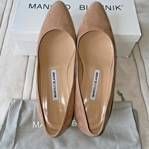 Manolo Blahnik Suede Block Heels in Nude with Rose Gold Heel Size 37.5 - Picture 1 of 8